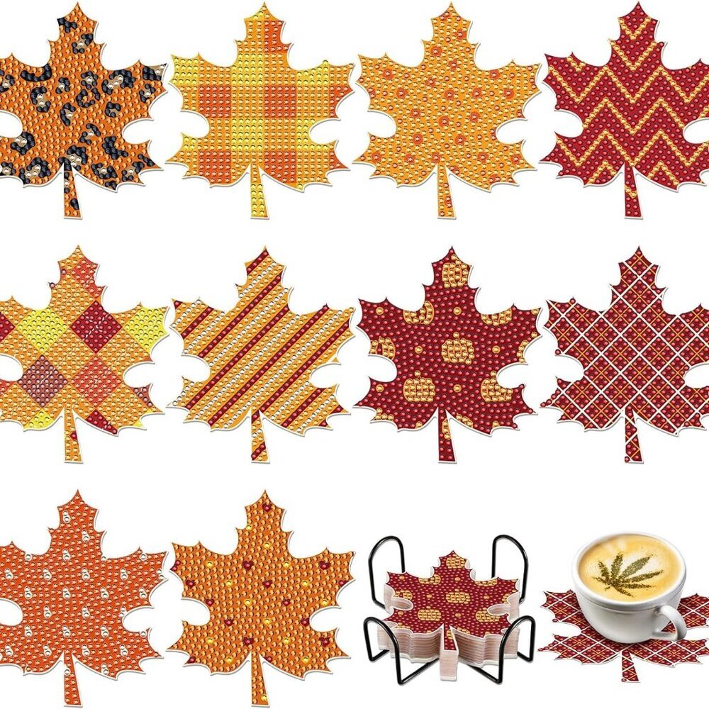 10 Pcs Fall Maple Leaf Diamond Painting Coasters Kits with Holder 5d Autumn Than
